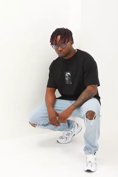 Unisex Oversize Baskılı Bisiklet Yaka T-Shirt - Siyah - Resim 3