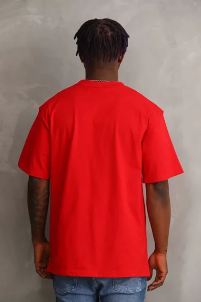 Unisex Baskılı Oversize T-Shirt - Kırmızı - Resim 2