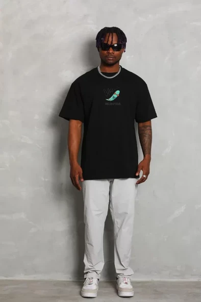 Unisex Oversize Baskılı Bisiklet Yaka T-Shirt - Siyah - Resim 3