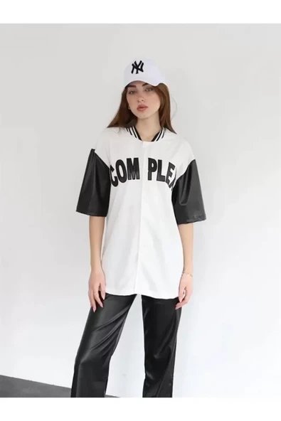 Complex Kolları Deri Kolej Oversize T-shirt - Beyaz - Resim 3