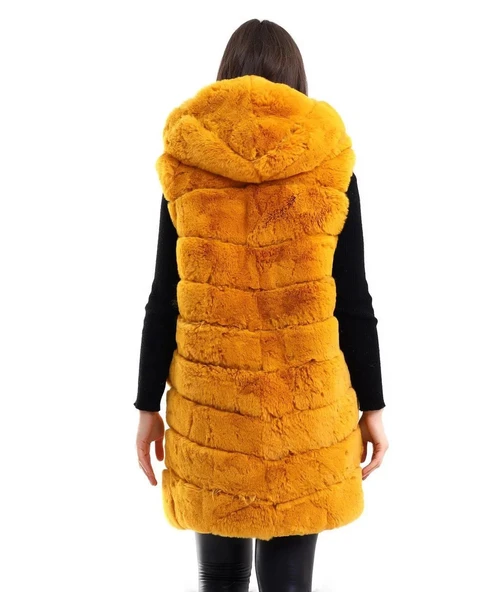 Kadın Kapşonlu Peluş Kürk Yelek Premium Kalite, Tam Astarlı, Uzun Model - Sarı - Resim 5