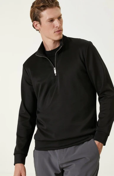 Unisex Uzun Kol Yarım Farmuarlı Yakalı Basic SweatShirt - Siyah - Resim 3