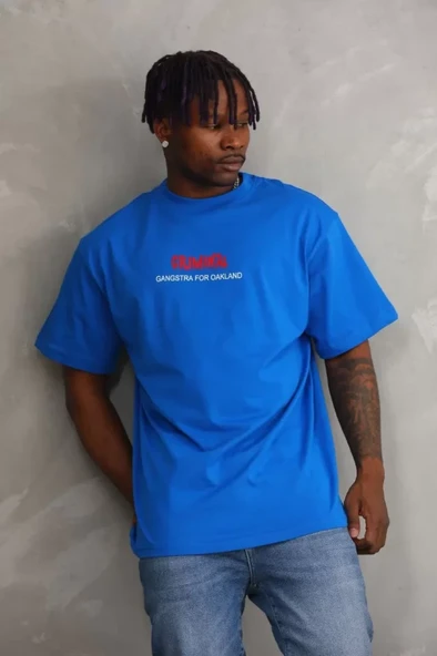 Unisex Baskılı Oversize T-Shirt - Mavi ürün görseli 1