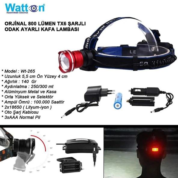 Kafa Feneri Orjinal 800 Lümen T6 Şarjlı Wt-265 ürün görseli 1