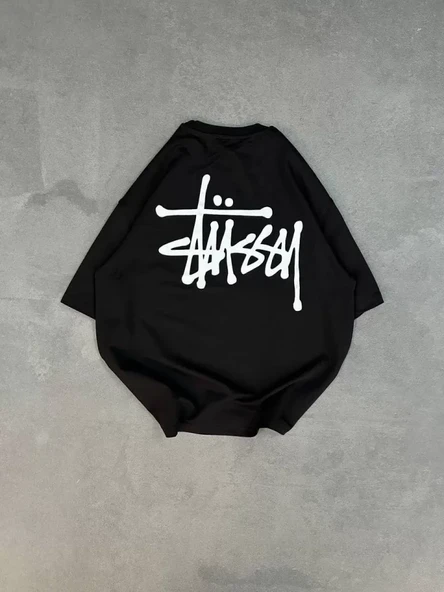 Unisex Bisiklet Yaka Baskılı Oversize T-Shirt - Siyah - Resim 2