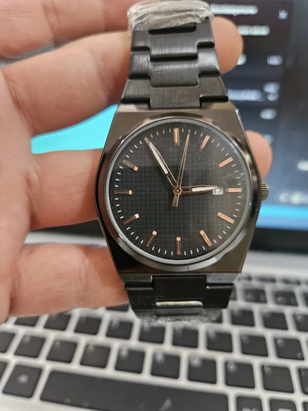 Siyah Çelik Kordon Erkek Kol Saati Takvimli Siyah Kadran Özel Kutusunda