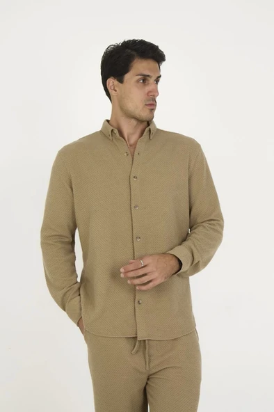 Düğmeli Tam Kalıp Uzun Kol Jakar Gömlek - Kahverengi ürün görseli