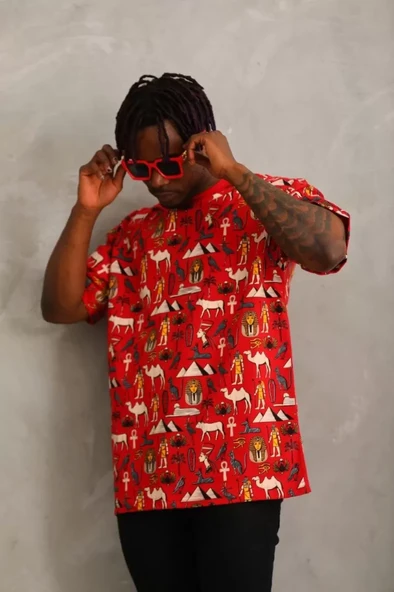 Unisex Oversize Baskılı Bisiklet Yaka T-Shirt - Kırmızı - Resim 3