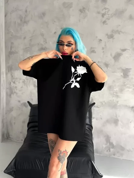 Unisex Bisiklet Yaka Baskılı Oversize T-Shirt - Siyah - Resim 2