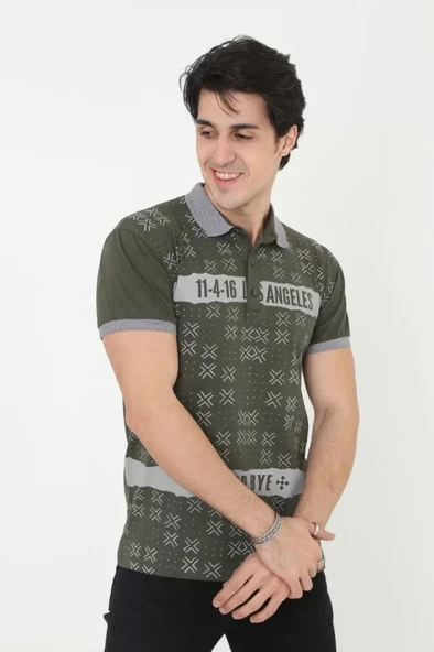 Erkek Yakalı Slim Fit Baskılı T-Shirt - Haki - Resim 4