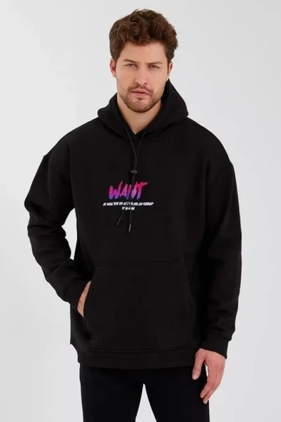 Erkek Baskılı Üç İplik Kapüşonlu Oversize Sweatshirt - Siyah - Resim 2