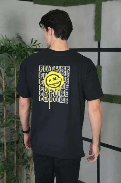 Unisex Bisiklet Yaka Baskılı Oversize T-Shirt - Siyah - Resim 3