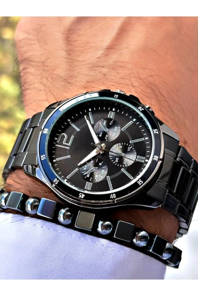 Siyah Çelik Kordon Erkek Kol Saati Takvimli Siyah Kadran Özel Kutusunda - 2