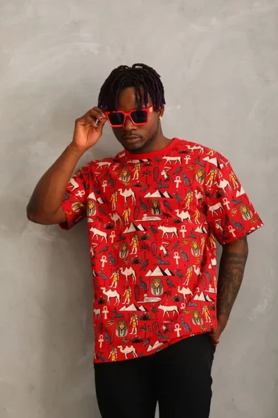 Unisex Oversize Baskılı Bisiklet Yaka T-Shirt - Kırmızı - Resim 4