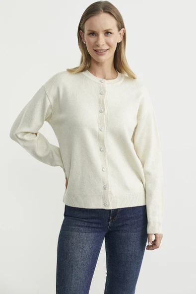 Düğme Detaylı Sıfır Yaka Triko Hırka - Taş - Resim 2