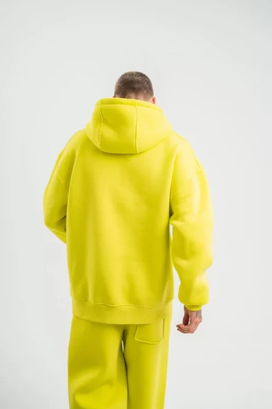 Unisex Double Oversize Kapşonlu Basic SweatShirt - Sarı - Resim 2