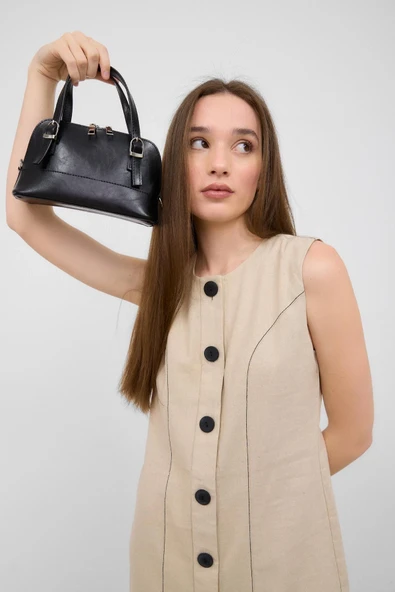 Suni Deri Mini El ve Çapraz Çanta Siyah - Resim 3