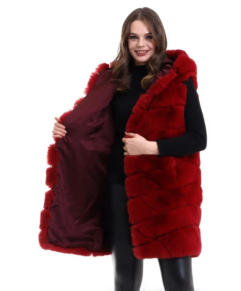 Kadın Kapşonlu Peluş Kürk Yelek Premium Kalite, Tam Astarlı, Uzun Model - Kırmızı - Resim 6