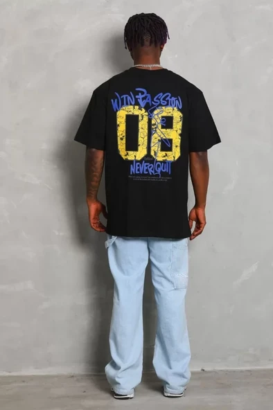 Unisex Oversize Baskılı Bisiklet Yaka T-Shirt - Siyah - Resim 2