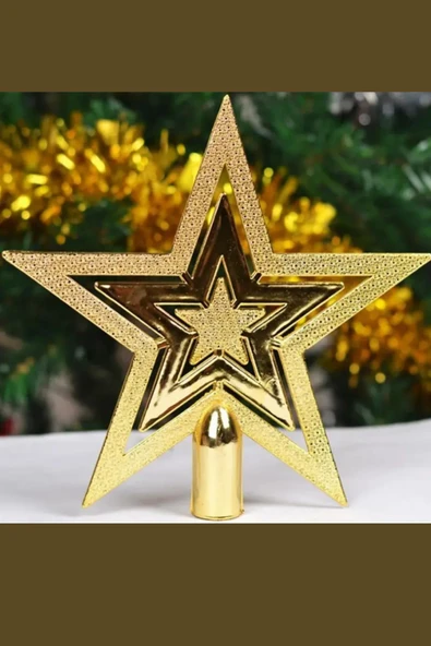 Vintage Altın Simli Yıldız Noel Ağacı Süsü | 20 cm Retro Parlak Ağaç Tepe Süsü / Dekoratif Yılbaşı Süsleme ürün görseli