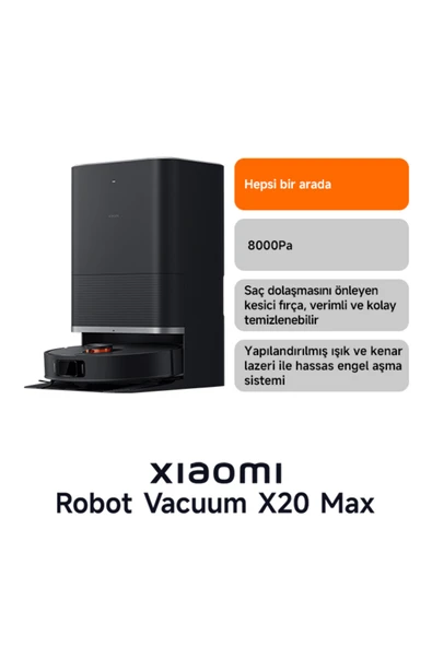 Robot Vacuum X20 Max Akıllı Robot Süpürge ve Mop - 8000Pa Siyah(Xiaomi Türkiye Garantili) ürün görseli 1