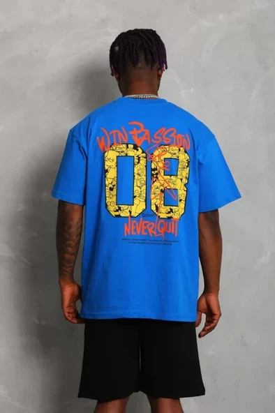 Unisex Oversize Baskılı Bisiklet Yaka T-Shirt - Mavi - Resim 3