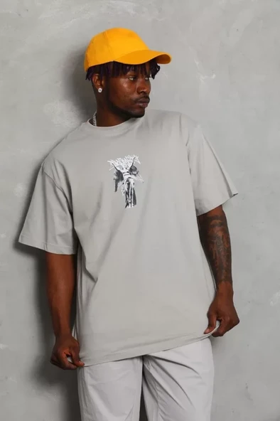 Unisex Oversize Baskılı Bisiklet Yaka T-Shirt - Gri - Resim 2