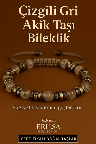 Sertifikalı Çizgili Gri Akik Taşı Bileklik 6x6 mm – Bağışıklık ve Dayanıklılık Taşı ürün görseli