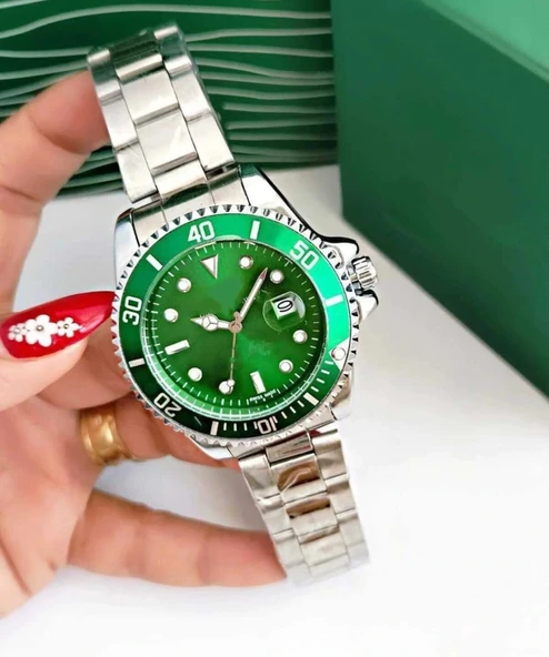 Gümüş Çelik Kordon Erkek Kol Saati Takvimli Yeşil Kadran Özel Kutusunda - 4