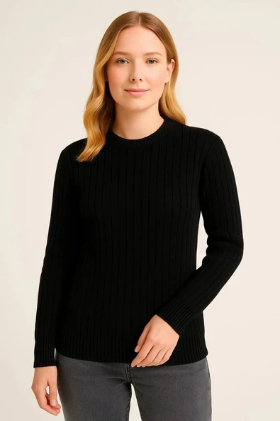 Kadın Bisiklet Yuvarlak Yaka Triko Kazak Pamuklu Kalın Fitilli Dokuma, Regular Fit Uzun Kollu Kışlık Model - Siyah - 2