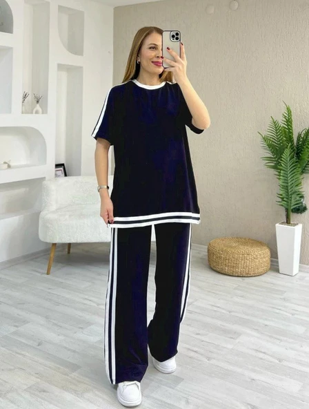 Kadın Kısa Kollu Bisiklet Yaka çift Renk şerit Detaylı Viskon Iki Iplik Bluz Ve Pantolon Ikili Takım ürün görseli