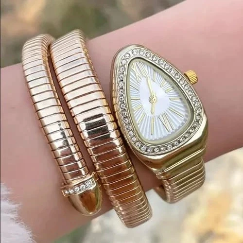 Altın Renk Beyaz Kadran Yılan Saat Dolamalı Saat