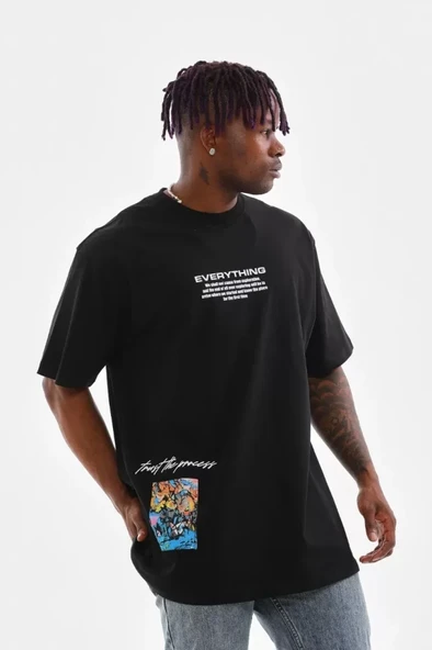 Unisex Bisiklet Yaka Baskılı Oversize T-Shirt - Siyah ürün görseli 1