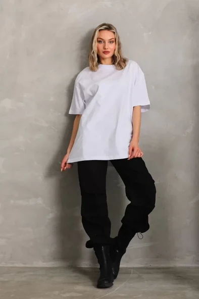 Unisex Bisiklet Yaka 20/1 Düz Oversize T-Shirt - Beyaz ürün görseli 1