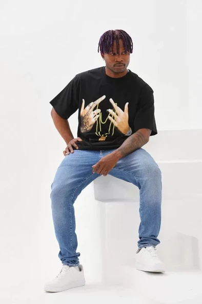 Unisex Baskılı Oversize T-Shirt - Siyah - Resim 3