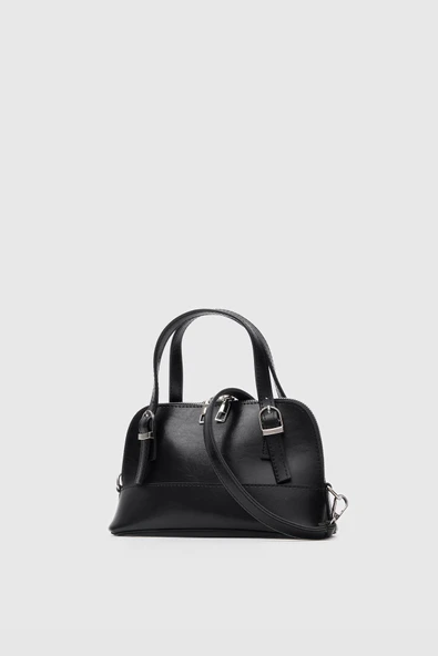 Suni Deri Mini El ve Çapraz Çanta Siyah - Resim 4