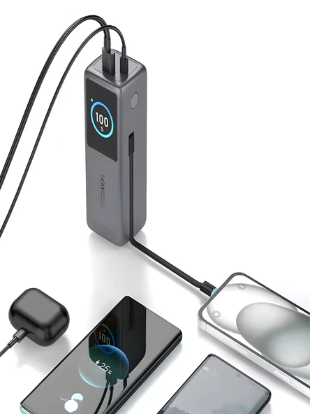 30000mAh 140W Hızlı Şarjlı TFT Ekranlı Kendinden Type-C Kablolu 2Type-C 1USB Girişli Powerbank - Resim 2