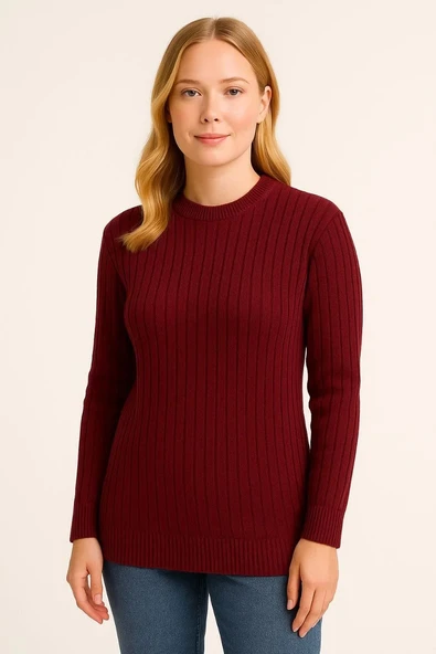 Kadın Bisiklet Yuvarlak Yaka Triko Kazak Pamuklu Kalın Fitilli Dokuma, Regular Fit Uzun Kollu Kışlık Model - Bordo - 4