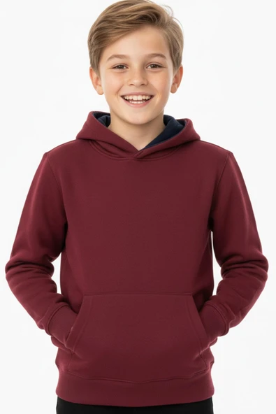 Erkek Çocuk Bordo Kapüşonlu Cepli 3 İplik  Sweatshirt BGL-ST05002 - Resim 2