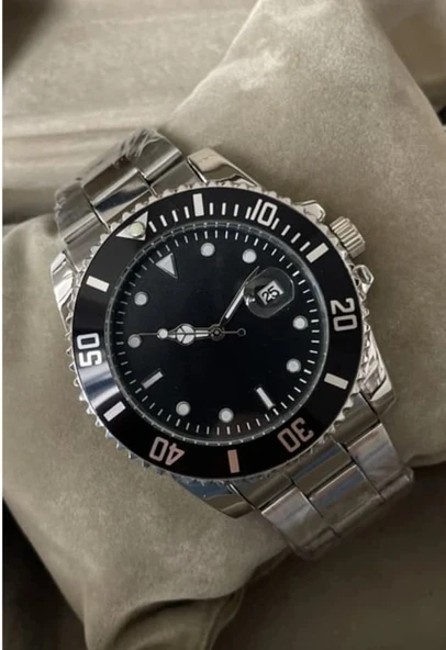 Gümüş Çelik Kordon Erkek Kol Saati Takvimli Siyah Kadran Özel kutusunda