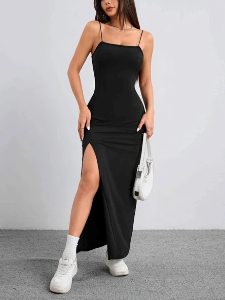 Kadın Ip Askılı Yandan Yırtmaçlı Janjan Krep Elbise - Resim 7