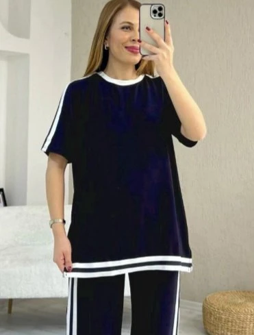 Kadın Kısa Kollu Bisiklet Yaka çift Renk şerit Detaylı Viskon Iki Iplik Bluz Ve Pantolon Ikili Takım - Resim 2