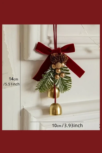 Kırmızı & Altın Noel Kapı Süsü | İkili Çan ve Bordo Kurdele Detaylı Çam Kozalaklı Yılbaşı Kapı Çelengi (1 Adet) - Resim 3