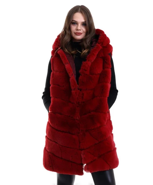 Kadın Kapşonlu Peluş Kürk Yelek Premium Kalite, Tam Astarlı, Uzun Model - Kırmızı - Resim 5