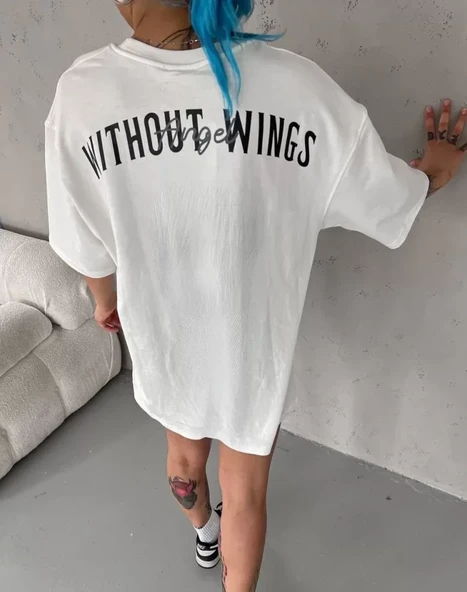 Unisex Bisiklet Yaka Baskılı Oversize T-Shirt - Beyaz - Resim 4