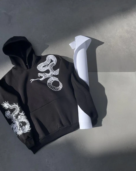 Uzun Kol Kapşonlu Baskılı SweatShirt - Siyah - Resim 2