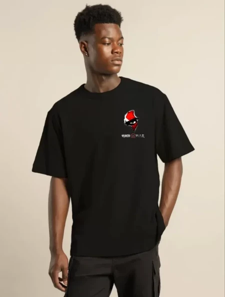 Unisex Bisiklet Yaka Baskılı Oversize T-Shirt - Siyah ürün görseli 1