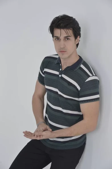 Erkek Yakalı Slim Fit Dokuma Çizgili T-Shirt - Haki - Resim 3