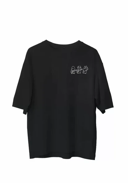 Unisex Bisiklet Yaka Baskılı Oversize T-Shirt - Siyah ürün görseli 1
