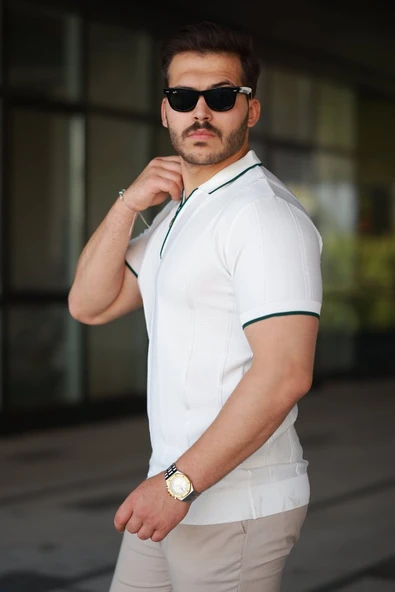 Erkek Dikey Kabartmalı Örgü Dokulu Fermuar Yakalı Tişört - Resim 2